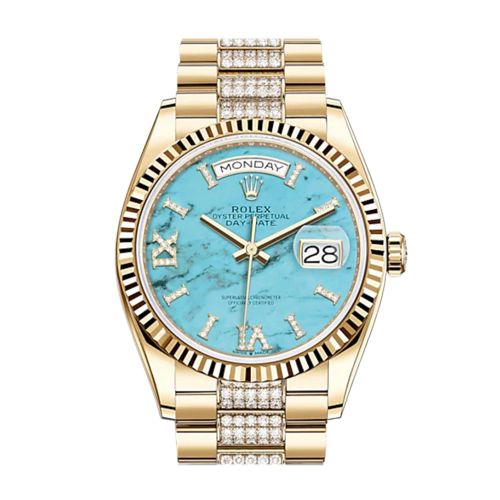 ROLEX Day-Date 36 Turquoise Dial 18K Yellow Gold Watch Diamond set president Bracelet 128238