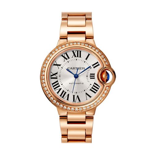 Cartier Ballon Bleu 33MM Silver Dial Automatic Ladies 18kt Rose Gold Diamond Watch WJBB0036