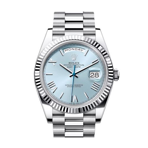 Rolex Day-Date 40 Ice-Blue Roman Dial Dial Fluted Bezel Platinum President Men's Watch 228236