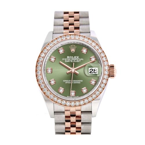 Rolex Datejust 28 Olive Green Diamonds Dial Diamond Bezel Rose Gold Two Tone Watch 279381RBR 279381