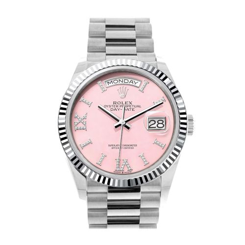 Rolex Day-Date 36 Pink Opal Diamond Dial Fluted Bezel Platinum President Watch 128236