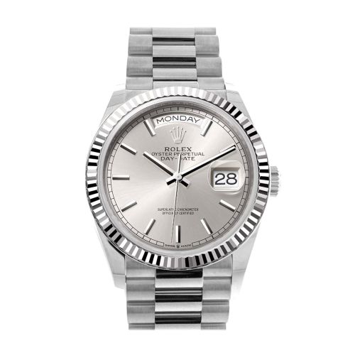 Rolex Day-Date 36 Silver Dial Fluted Bezel White gold President Watch 128239