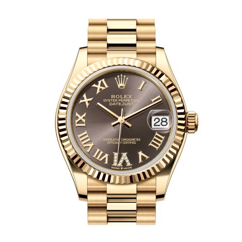 Rolex Datejust 31 Dark Grey Roman Dial Fluted Bezel Yellow Gold Ladies Watch 278278 278278-0032