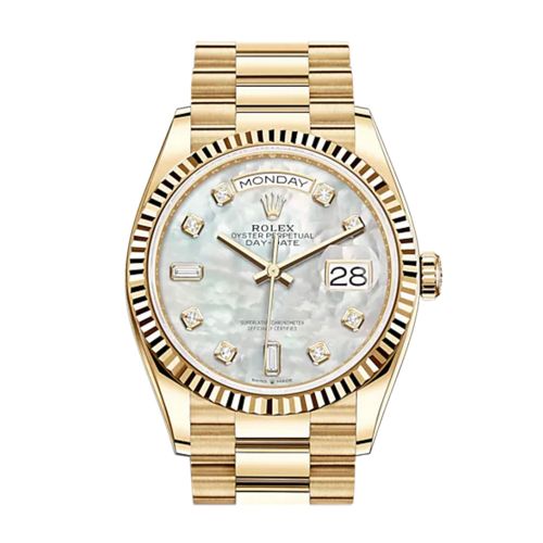 ROLEX Day-Date 36 White Mother of Pearl Diamond Dial 18K Yellow Gold Watch 128238