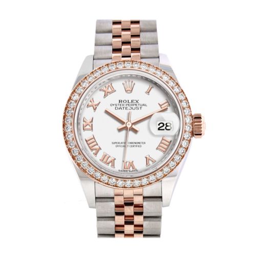 Rolex Datejust 28 White Roman  Dial White Roman Dial Diamond Bezel Rose Gold Two Tone Watch 279381RBR 279381