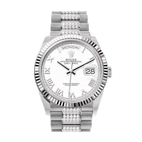 Rolex Day-Date 36 White Dial Fluted Bezel White Gold Diamond President Watch 128239