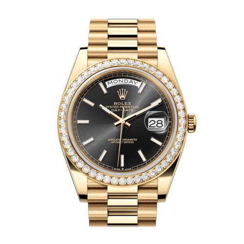 Rolex Day-Date 40 Bright Black Dial Diamond Bezel Yellow Gold President Men's Watch 228348RBR 228348