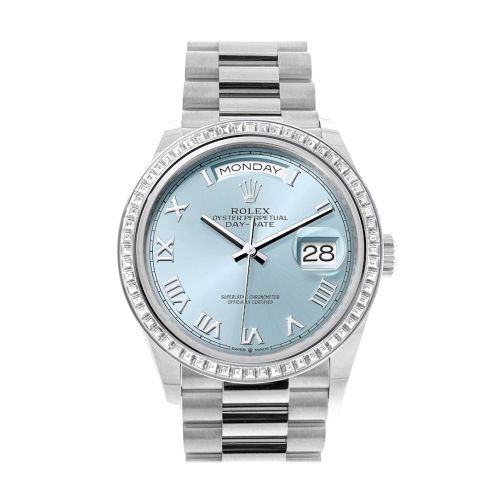 Rolex Day-Date 36 Ice Blue Roman Dial Diamond Bezel Platinum President Watch 128396TBR