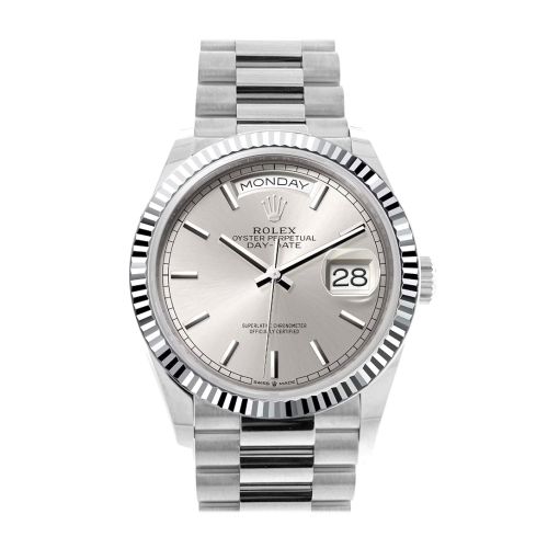 Rolex Day-Date 36 Silver Dial Fluted Bezel Platinum President Watch 128236