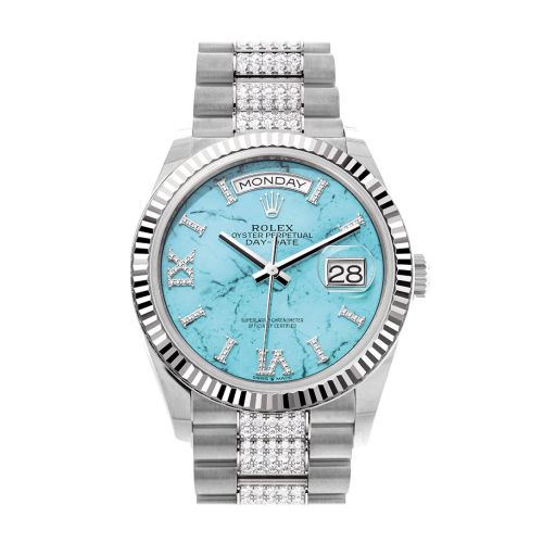 Rolex Day-Date 36 Turquoise Diamond Dial Fluted Bezel White Gold Diamond President Watch 128239