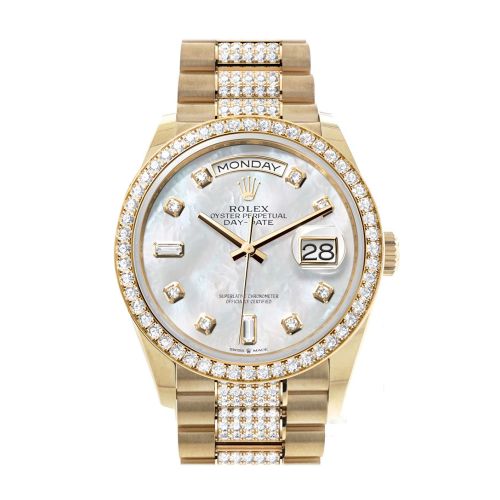 Rolex Day-Date 36 Mother-of-Pearl Diamond Dial Gold Diamond Bezel Watch 128348RBR-0019 128348RBR