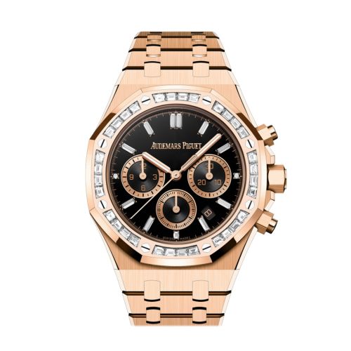 Audemars Piguet Royal Oak Chronograph Rose Gold Diamond Bezel Black Onyx Diamond Baguette Dial Watch 26715OR.ZZ.1356OR.02