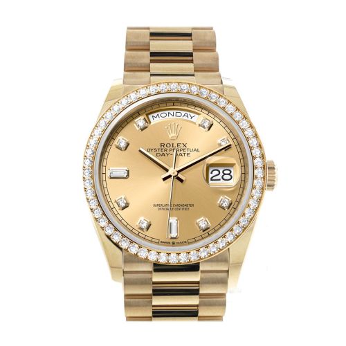 Rolex Day-Date 36 Champagne Diamond Dial Gold Diamond Bezel Watch 128348RBR-0008 128348RBR