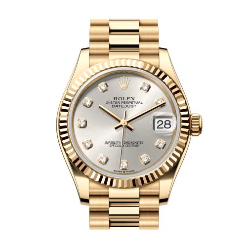 Rolex Datejust 31 Silver Diamond  Dial Fluted Bezel Yellow Gold Ladies Watch 278278 278278-0034