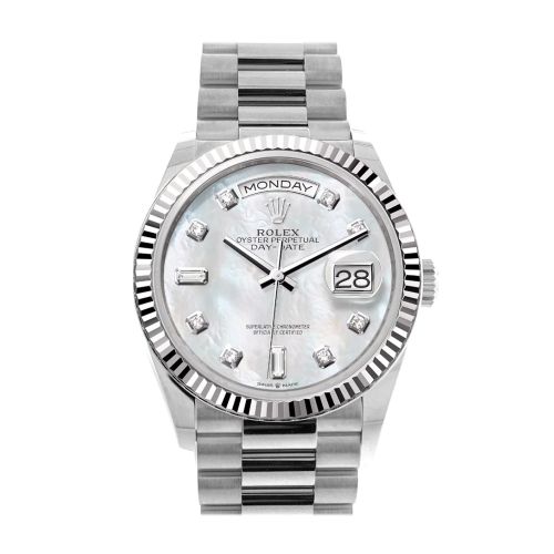 Rolex Day-Date 36 Mother of Pearl Diamond Dial Fluted Bezel White gold President Watch 128239