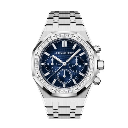 Audemars Piguet Royal Oak Chronograph White Gold Diamond Bezel Blue Diamond Baguette Dial Watch 26715BC.ZZ.1356BC.01