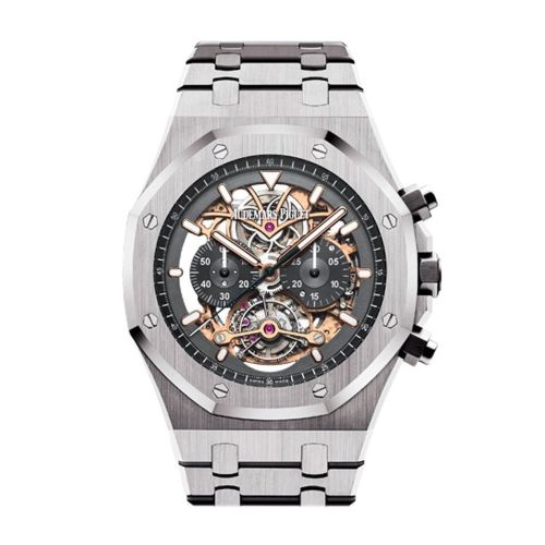 Audemars Piguet Royal Oak Tourbillon 44mm Chronograph Openworked Rhodium Dial Titanium Mens Watch 26347TI.OO.1205TI.01