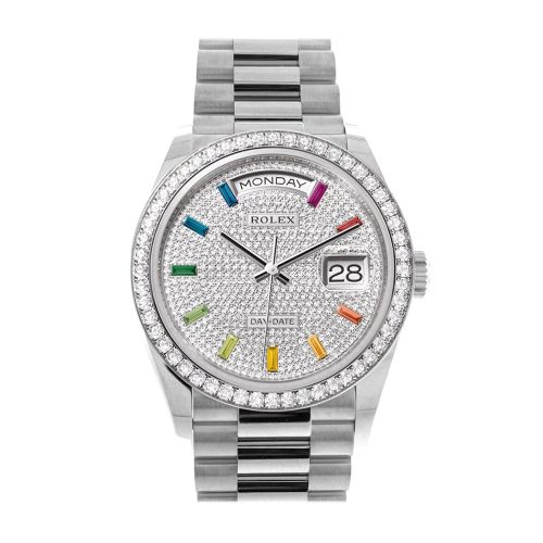 Rolex Day-Date 36 Diamond Paved Dial Diamond Bezel White Gold President Watch 128349RBR