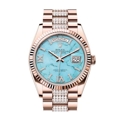 Rolex Day-Date 36 Turquoise Diamond Dial Fluted Bezel 18K Everose gold Diamond President Watch 128235