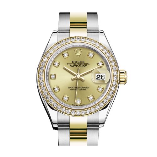 Rolex Datejust 28 Champagne set with diamonds Dial Diamond Bezel Yellow Gold Ladies Watch 279383RBR 279383