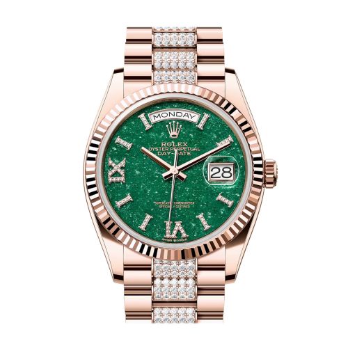 Rolex Day-Date 36 Aventurine Diamond Dial Fluted Bezel 18K Everose gold Diamond  President Watch 128235