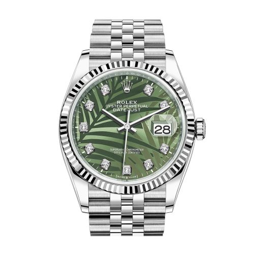 Rolex Datejust 36 Olive Green Palm Motif Diamond Dial Fluted Watch Jubilee 126234