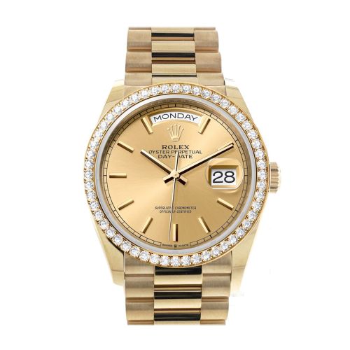 Rolex Day-Date 36 Champagne Dial Gold Diamond Bezel Watch 128348RBR-0026 128348RBR