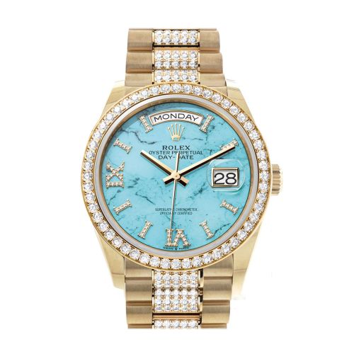 Rolex Day-Date 36 Dark Turquoise Diamond Dial Gold Diamond Bezel Watch 128348RBR-0038 128348RBR