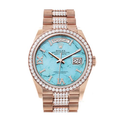 Rolex Day-Date 36 Turquoise Dial Diamond Bezel 18K Everose Gold Diamond President Watch 128345RBR