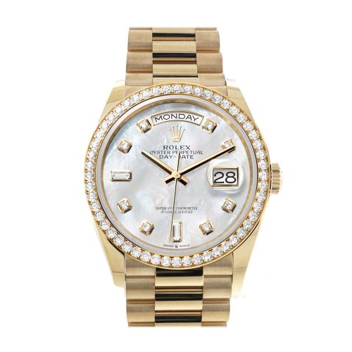 Rolex Day-Date 36 Mother of Pearl  Dial Gold Diamond Bezel Watch 128348RBR-0017 128348RBR