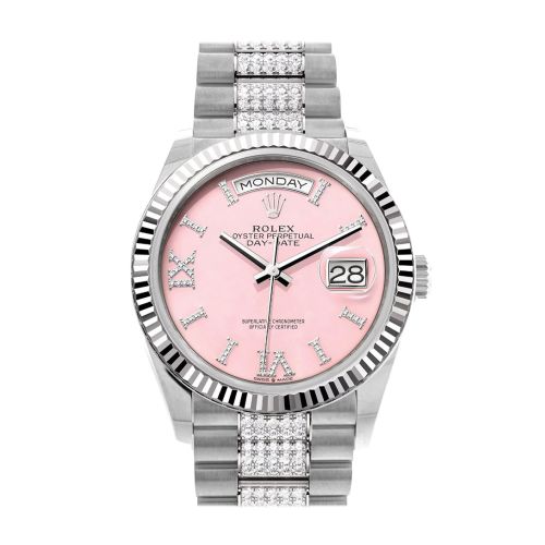 Rolex Day-Date 36 Pink Opal Diamond Dial Fluted Bezel White Gold Diamond President Watch 128239