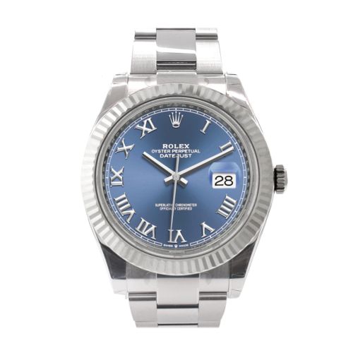 Rolex Datejust 41 Blue Roman Dial White Gold Fluted Bezel Oyster Mens Watch 126334