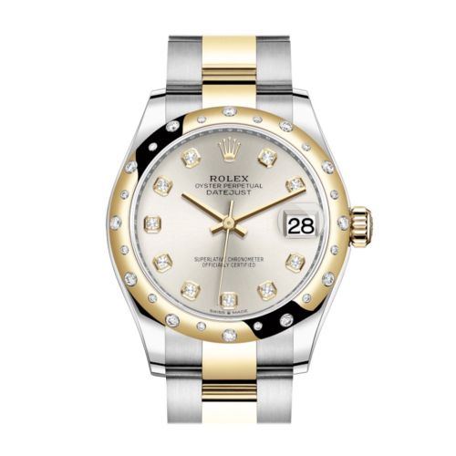 Rolex Datejust 31 Silver Diamonds Dial Diamond Bezel Yellow Gold Two Tone Watch 278343RBR 278343 NP