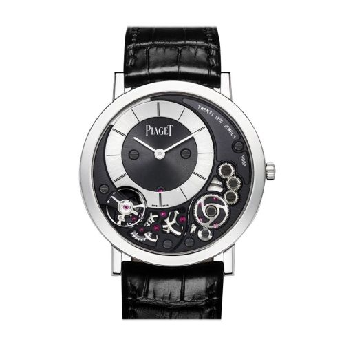 Piaget Altiplano Black and Silver Dial 18kt White Gold Black Leather Men's Watch