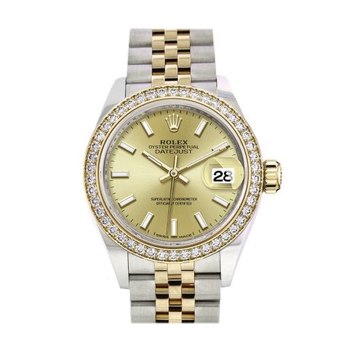 Rolex Datejust 28 Champagne Dial Diamond Bezel Yellow Gold Jubilee Ladies Watch 279383RBR 279383