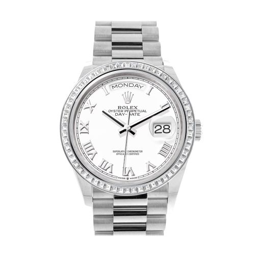 Rolex Day-Date 36 White Dial Diamond Bezel Platinum President Watch 128396TBR