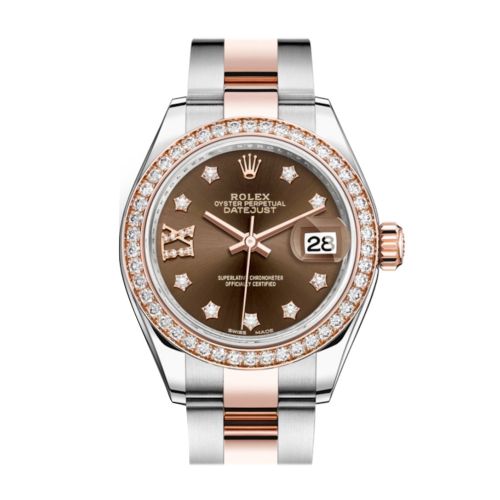 Rolex Datejust 28 Chocolate Large VI Diamonds Dial Diamond Bezel Rose Gold Two Tone Watch 279381RBR 279381