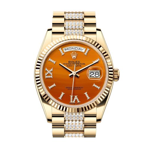 Rolex Day-Date 36 Carnelian Dial Gold Fluted Bezel Diamond Bracelet Yellow Gold Watch 128238