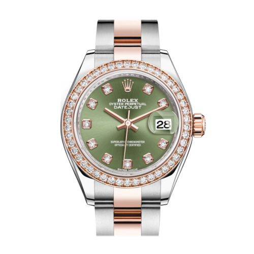 Rolex Datejust 28 Olive Green Diamonds Dial Diamond Bezel Rose Gold Two Tone Watch 279381RBR 279381