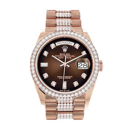 Rolex Day-Date 36 Brown ombré Diamond Dial Diamond Bezel 18K Everose Gold Diamond President Watch 128345RBR