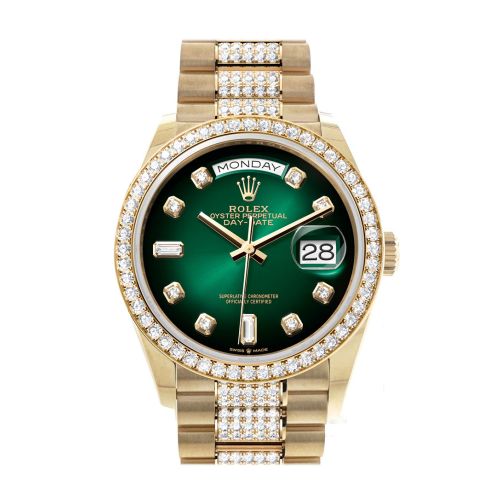 Rolex Day-Date 36 Green ombré Diamond Dial Gold Diamond Bezel Watch 128348RBR-0036 128348RBR