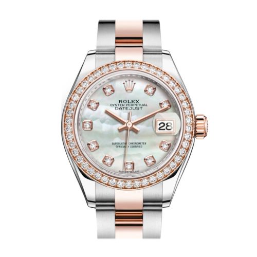 Rolex Datejust 28 White mother-of-pearl Diamonds Dial Diamond Bezel Rose Gold Two Tone Watch 279381RBR 279381