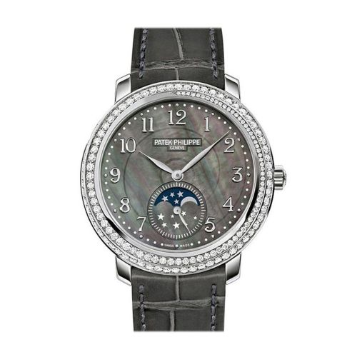 Patek Philippe Complications Black Mother of Pearl Dial Diamond Bezel 18kt White Gold Leather 33mm Ladies Watch 4968G-001