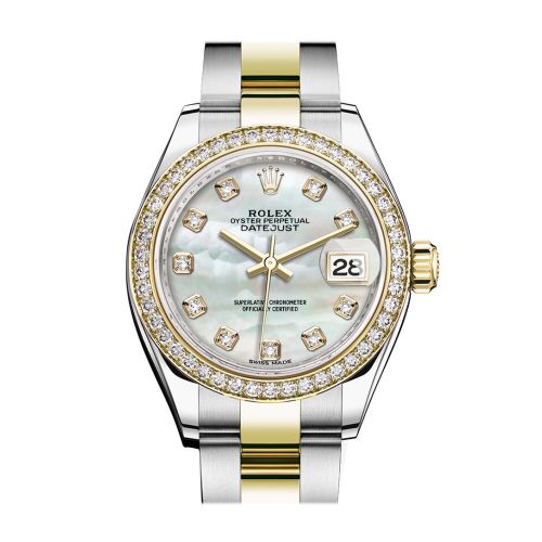 Rolex Datejust 28 White mother-of-pearl set with diamonds Dial Diamond Bezel Yellow Gold Ladies Watch 279383RBR 279383