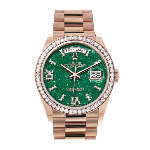 Rolex Day-Date 36 Green Aventurine Dial Diamond Bezel 18K Everose Gold President Watch 128345RBR