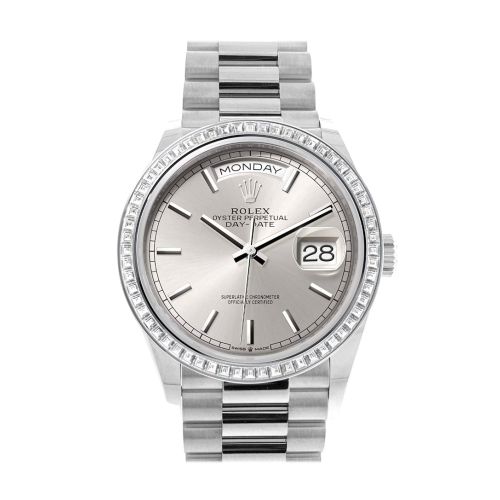 Rolex Day-Date 36 Silver Dial Diamond Bezel Platinum President Watch 128396TBR