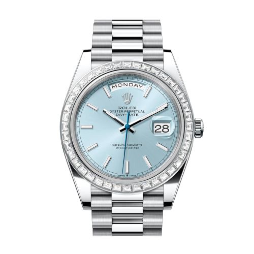 Rolex Day-Date 40 Ice Blue Dial Baguette Diamond Bezel Platinum President Men's Watch 228396TBR