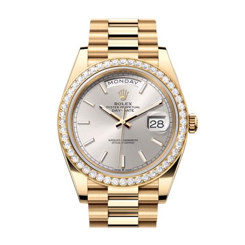 Rolex Day-Date 40 Silver Dial Diamond Bezel Yellow Gold President Men's Watch 228348RBR 228348