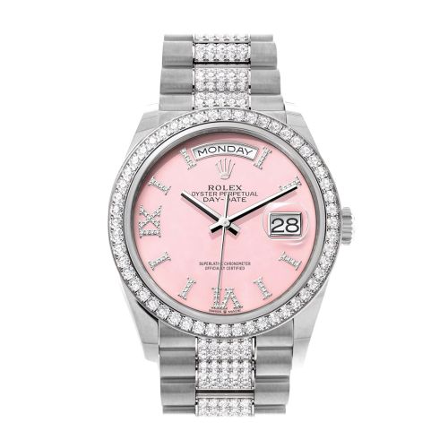 Rolex Day-Date 36 Pink Opal Diamond Dial Diamond Bezel White Gold Diamond President Watch 128349RBR