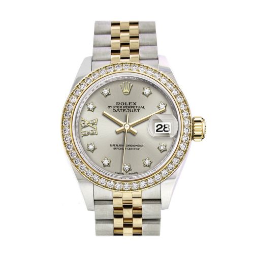 Rolex Datejust 28 Silver Diamond Star Dial Diamond Bezel Yellow Gold Jubilee Ladies Watch 279383RBR 279383